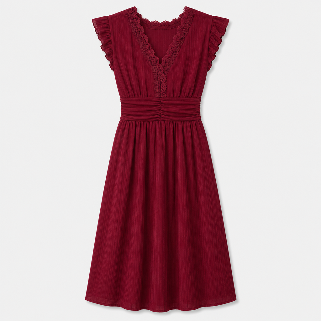 Burgundy sleeveless midi dress with lace trim and flutter sleeves