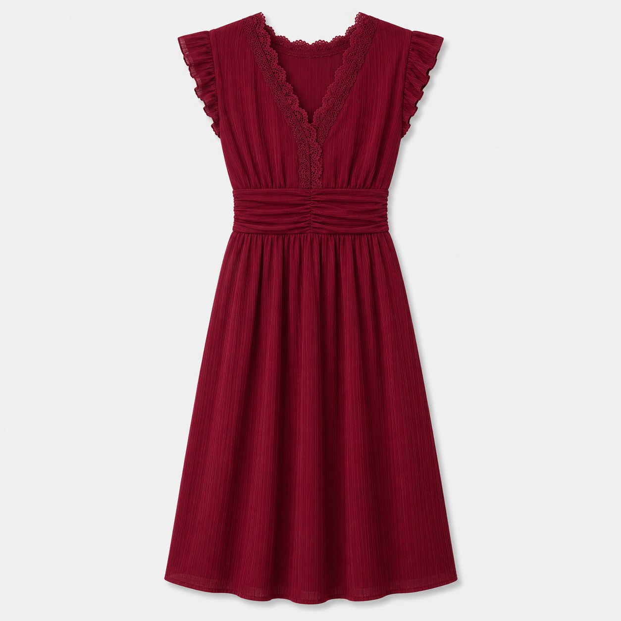 Burgundy sleeveless midi dress with lace trim and flutter sleeves