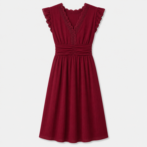 Burgundy sleeveless midi dress with lace trim and flutter sleeves