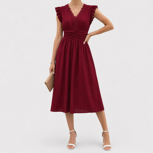 Burgundy sleeveless midi dress with lace trim and flutter sleeves