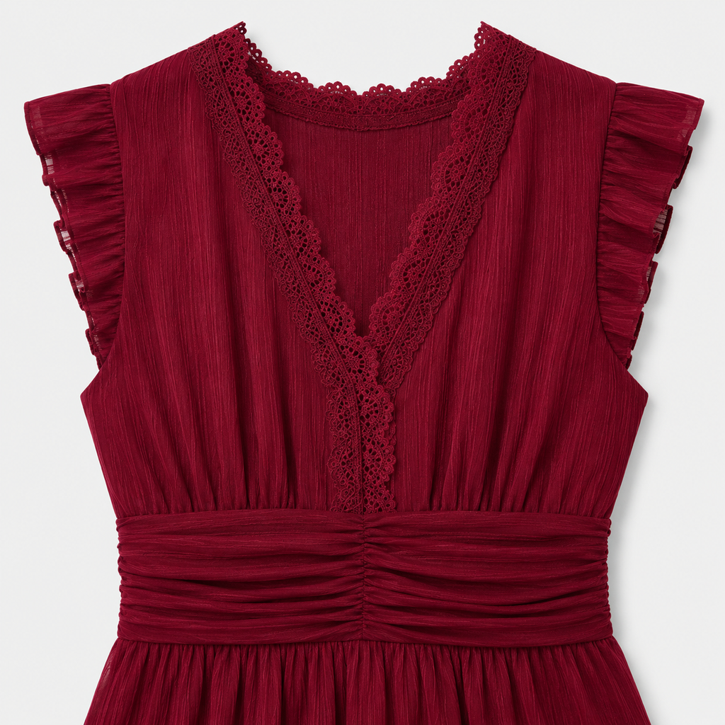 Burgundy sleeveless midi dress with lace trim and flutter sleeves