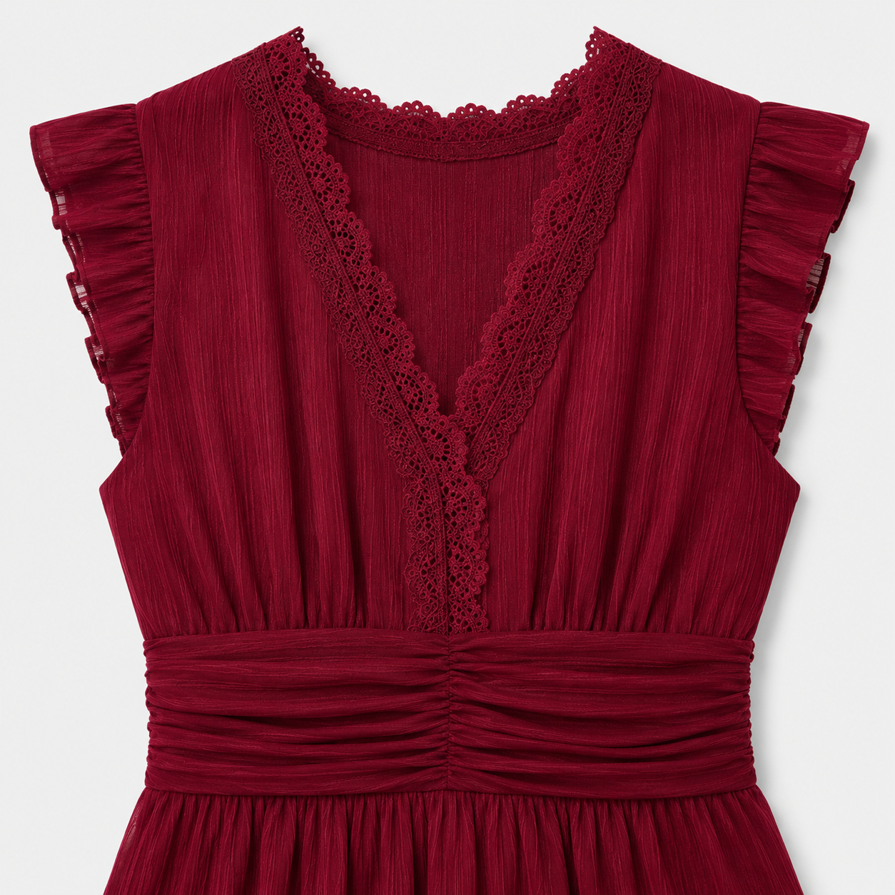 Burgundy sleeveless midi dress with lace trim and flutter sleeves