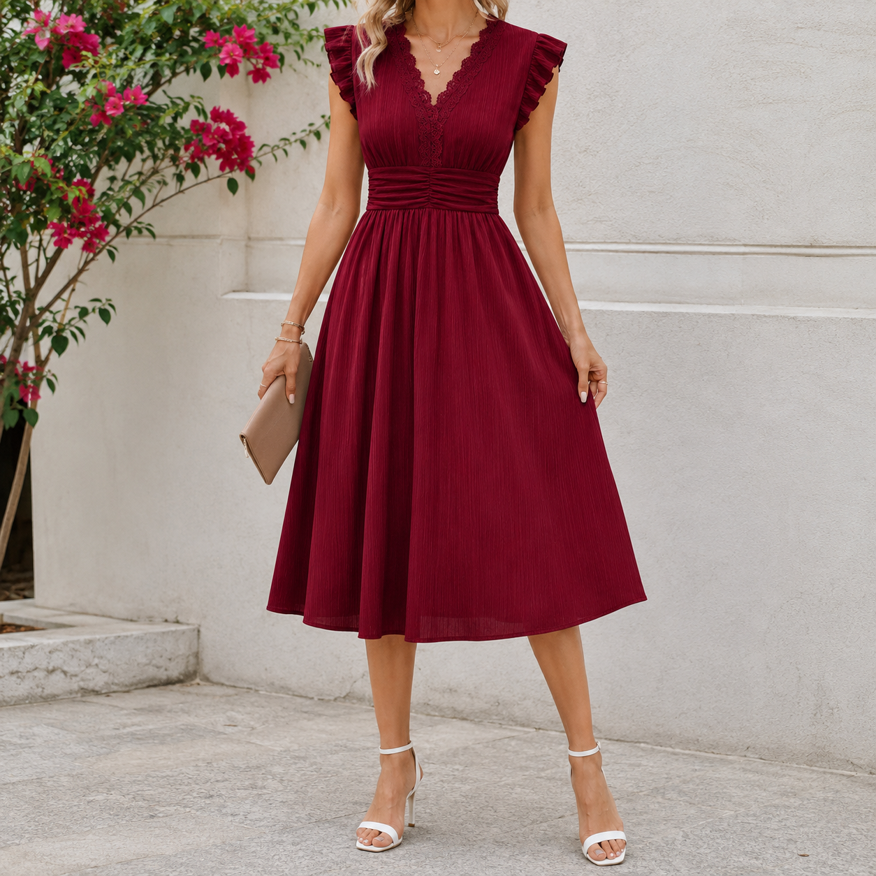 Burgundy sleeveless midi dress with lace trim and flutter sleeves