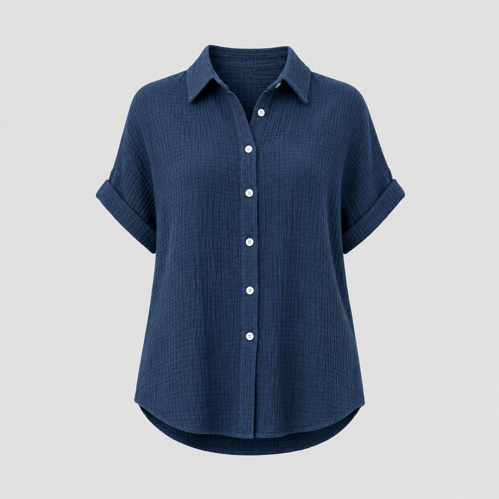 Textured button-up shirt with collared neckline, rolled short sleeves, and relaxed oversized fit