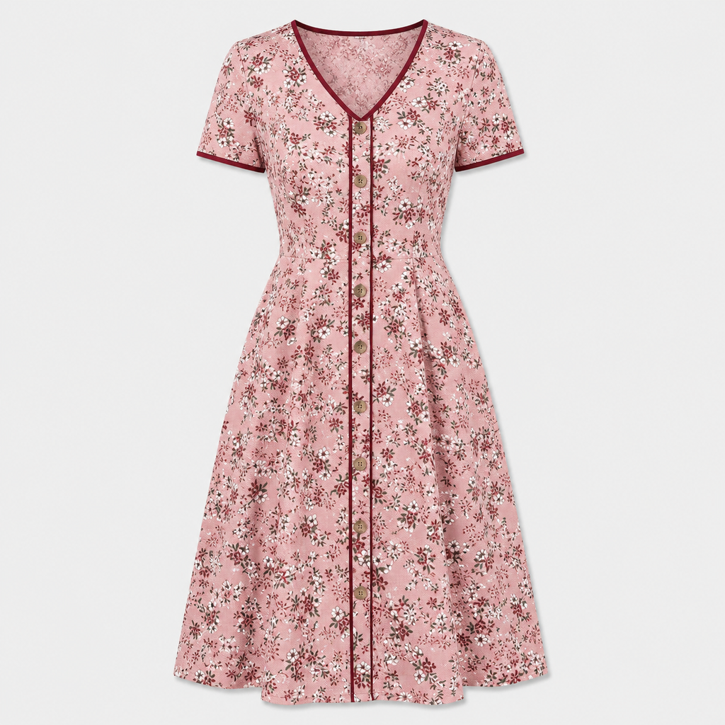 Pink floral button-front midi dress with short sleeves