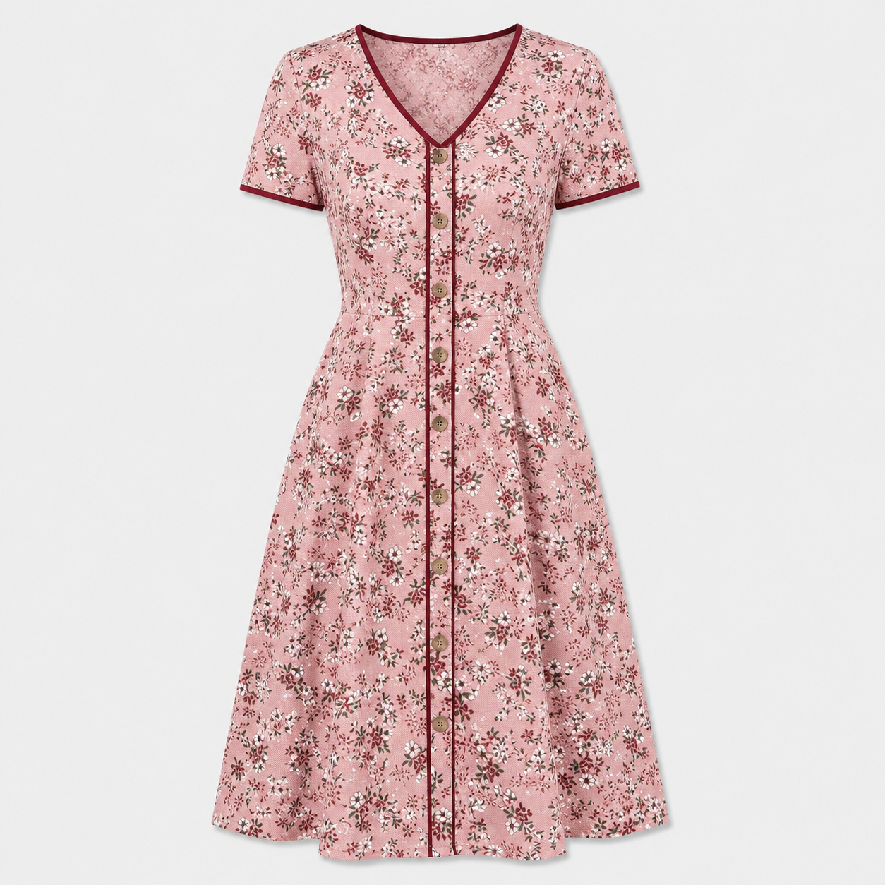 Pink floral button-front midi dress with short sleeves