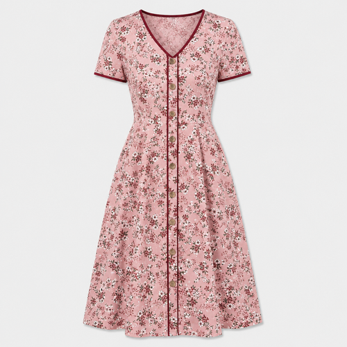 Pink floral button-front midi dress with short sleeves