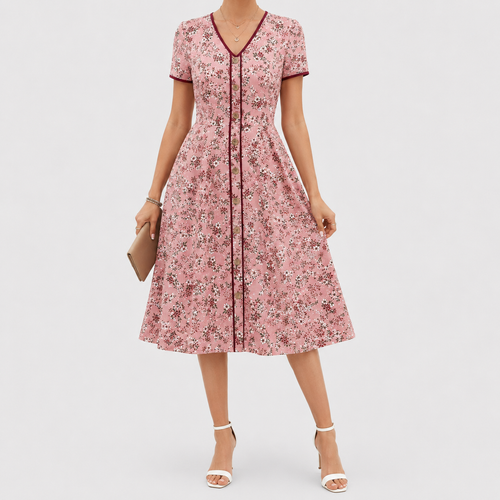 Pink floral button-front midi dress with short sleeves