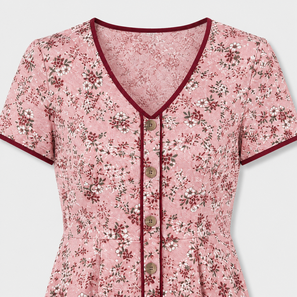 Pink floral button-front midi dress with short sleeves