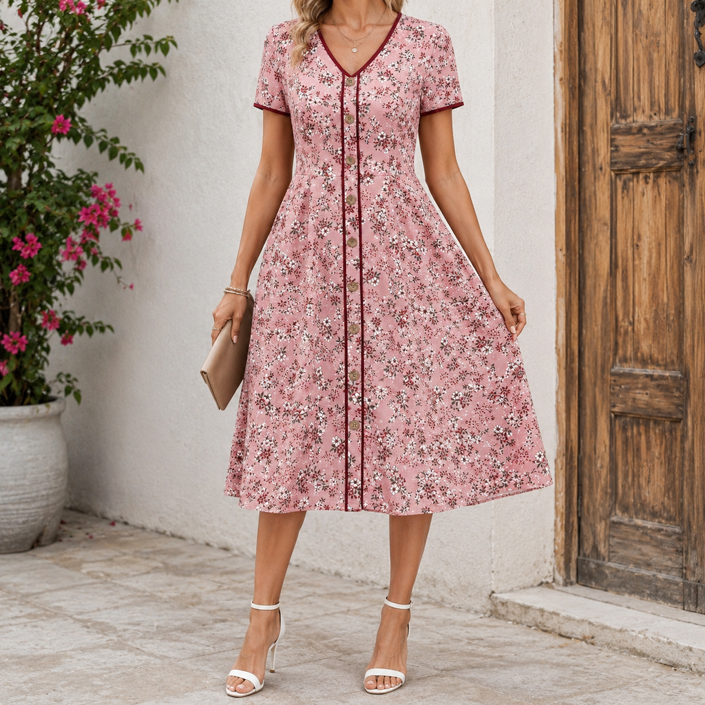 Pink floral button-front midi dress with short sleeves