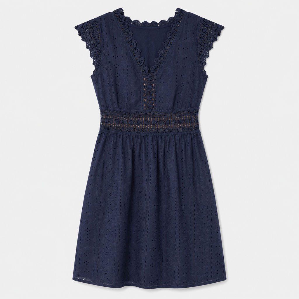 Navy broderie anglaise sleeveless dress with lace trim