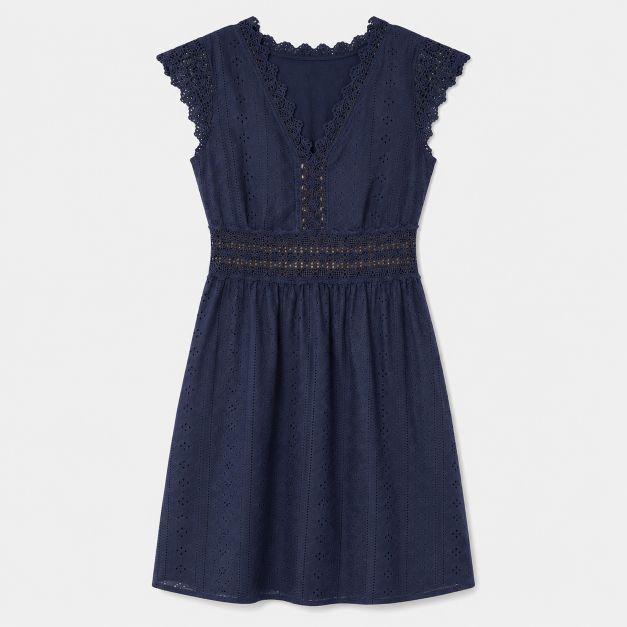 Navy broderie anglaise sleeveless dress with lace trim