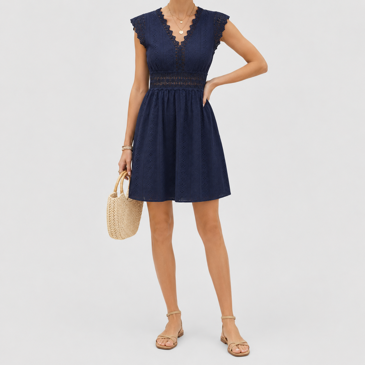 Navy broderie anglaise sleeveless dress with lace trim