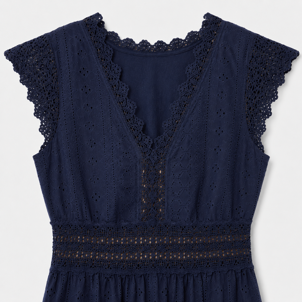 Navy broderie anglaise sleeveless dress with lace trim