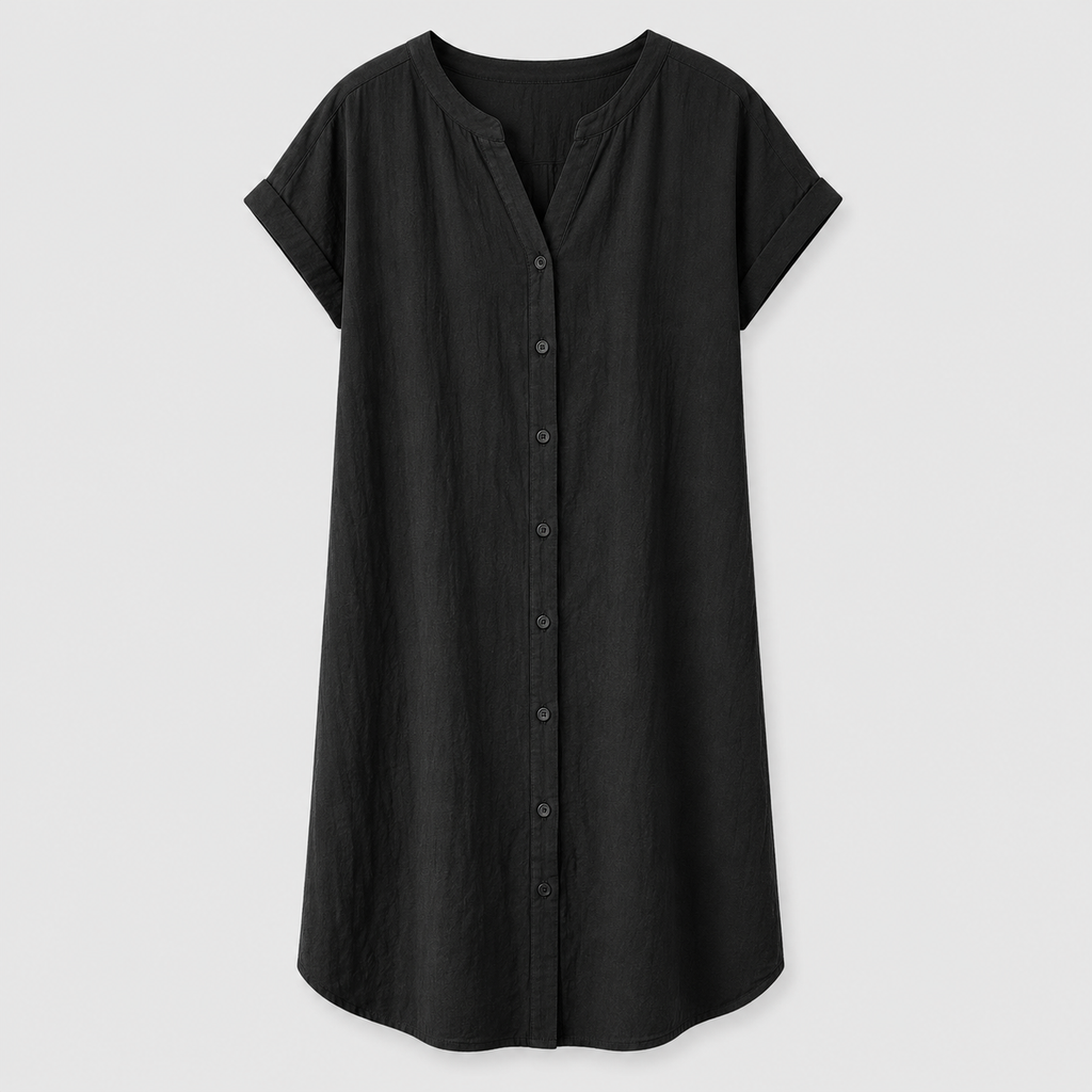 Black button-front midi dress with short rolled sleeves