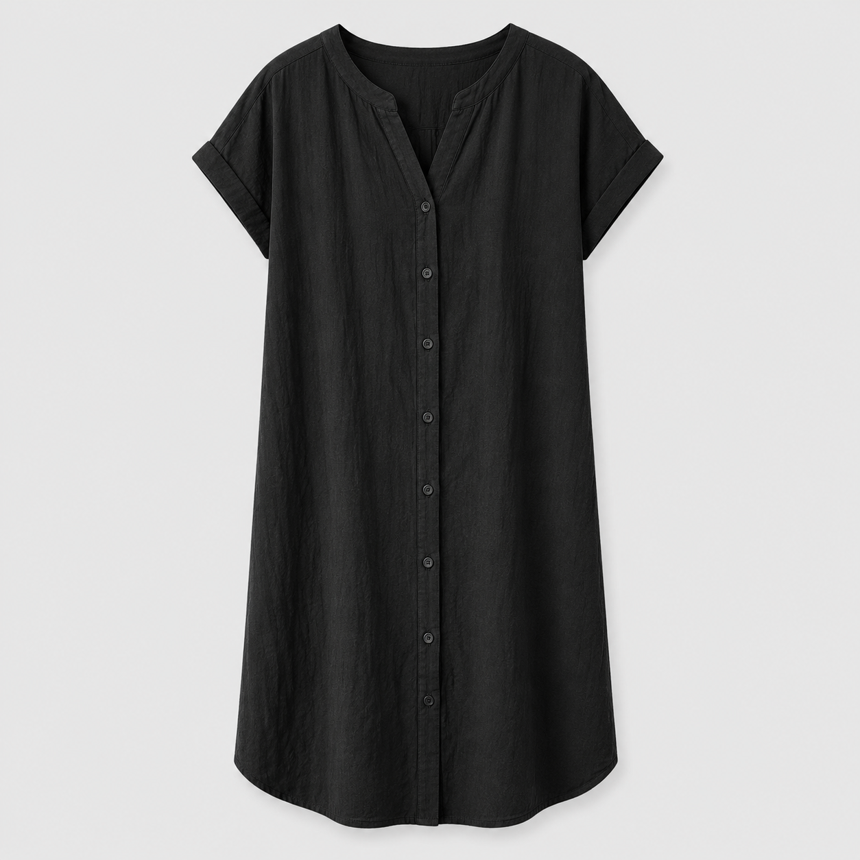 Black button-front midi dress with short rolled sleeves
