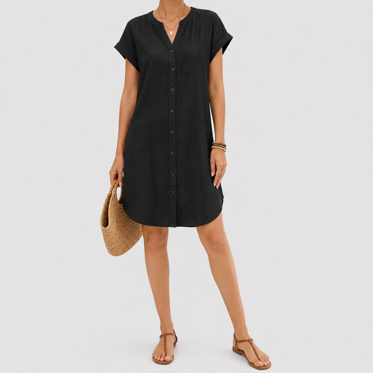 Black button-front midi dress with short rolled sleeves