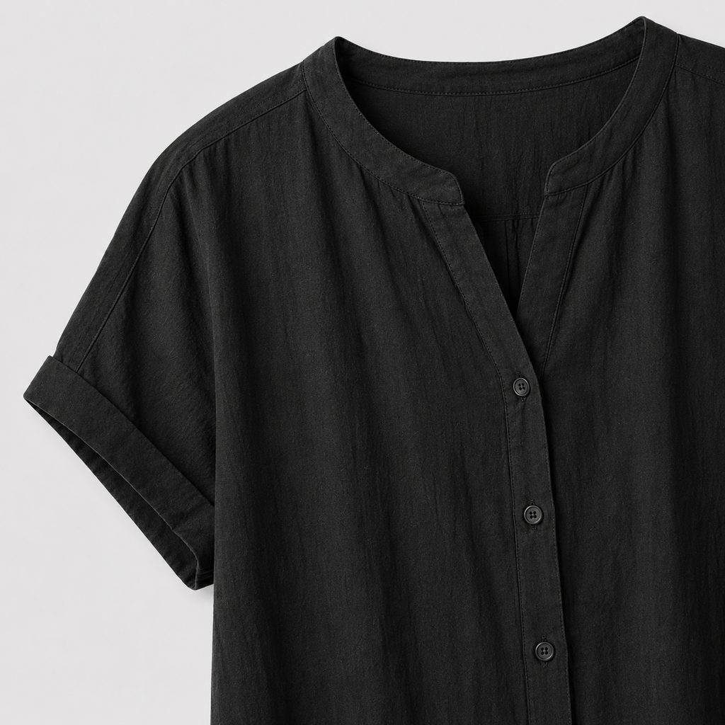 Black button-front midi dress with short rolled sleeves