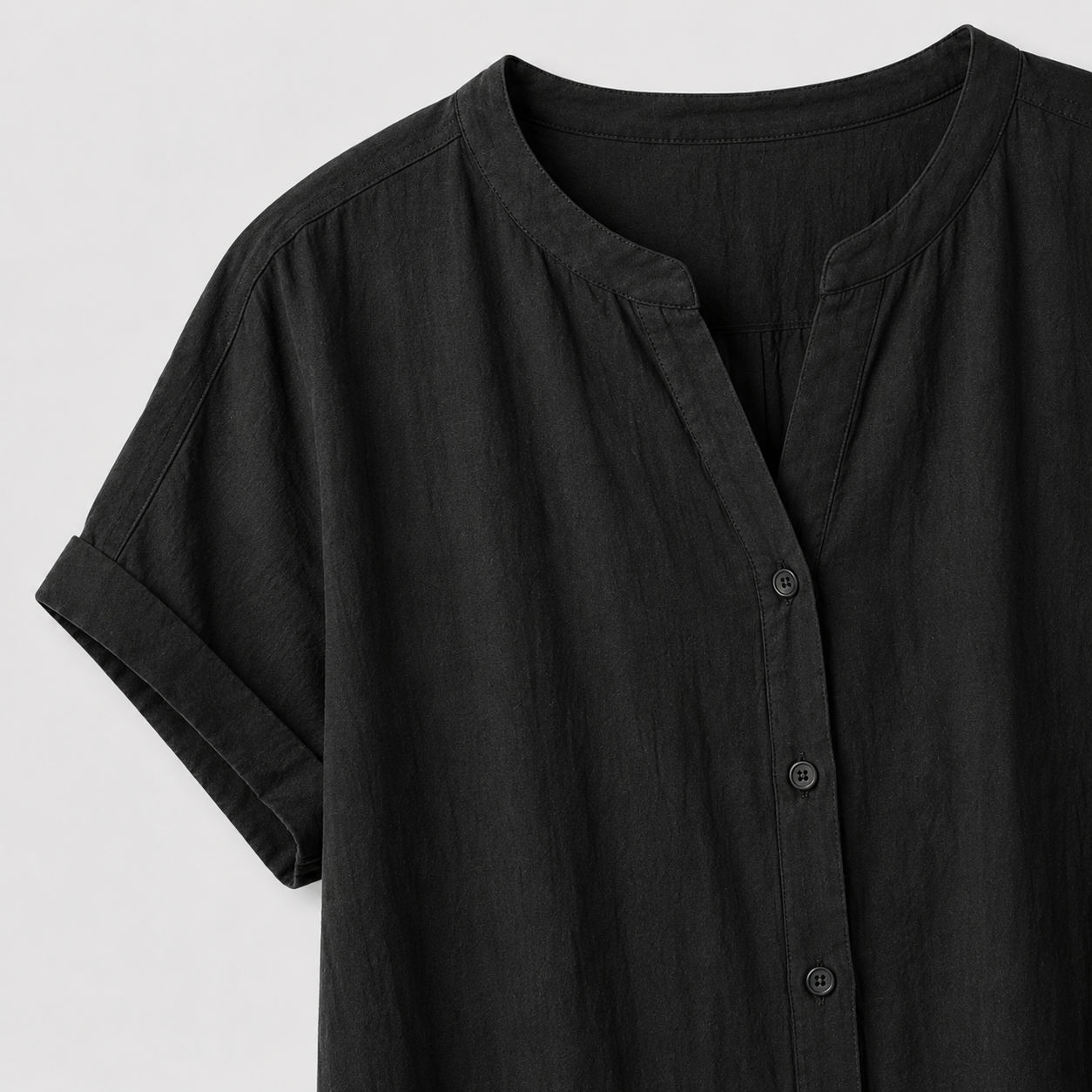 Black button-front midi dress with short rolled sleeves