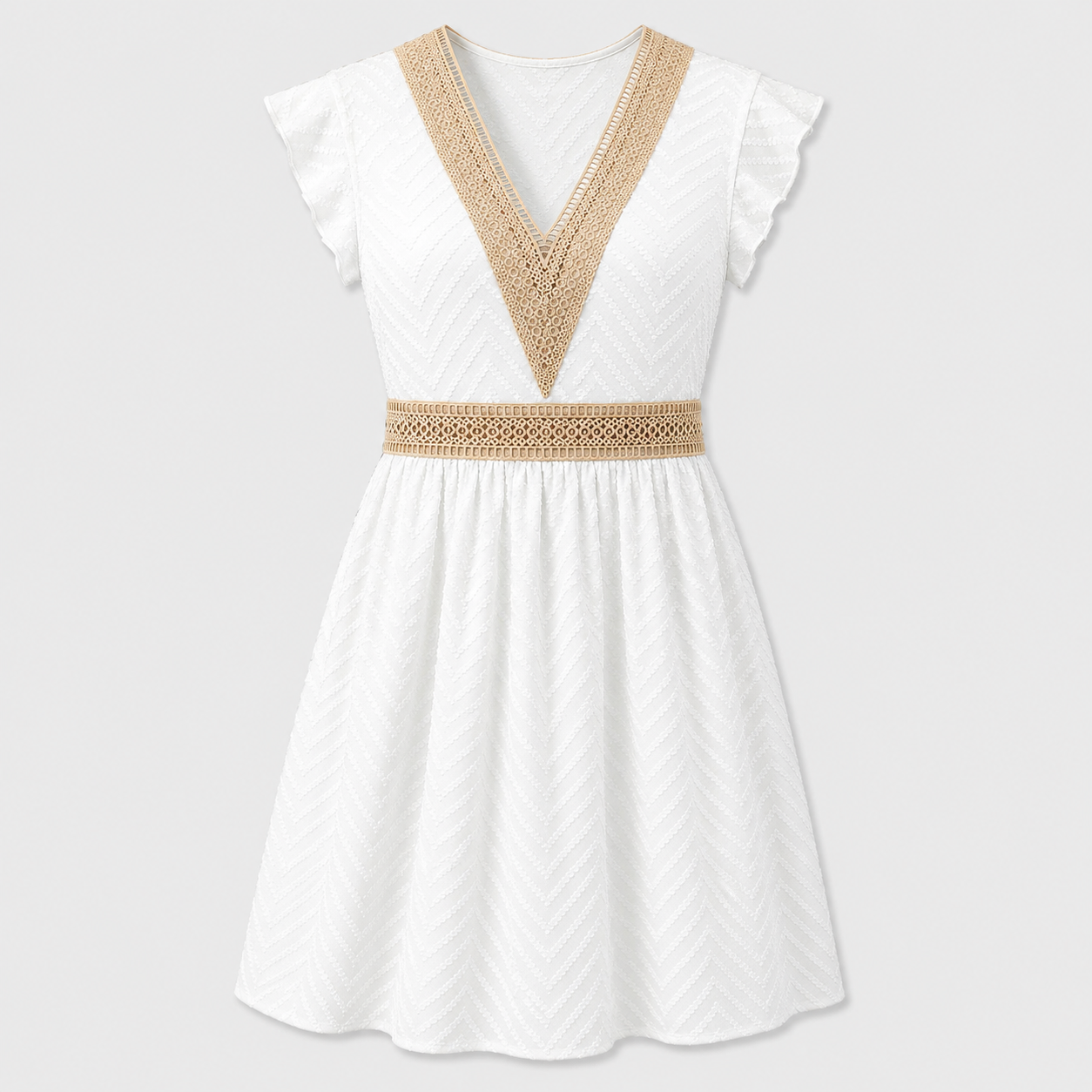White textured midi dress with gold lace trim and flutter sleeves