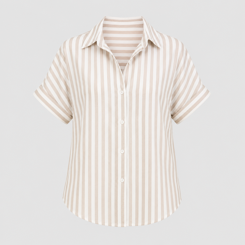 Striped button-up blouse with collared V-neck, short dolman sleeves, and relaxed fit
