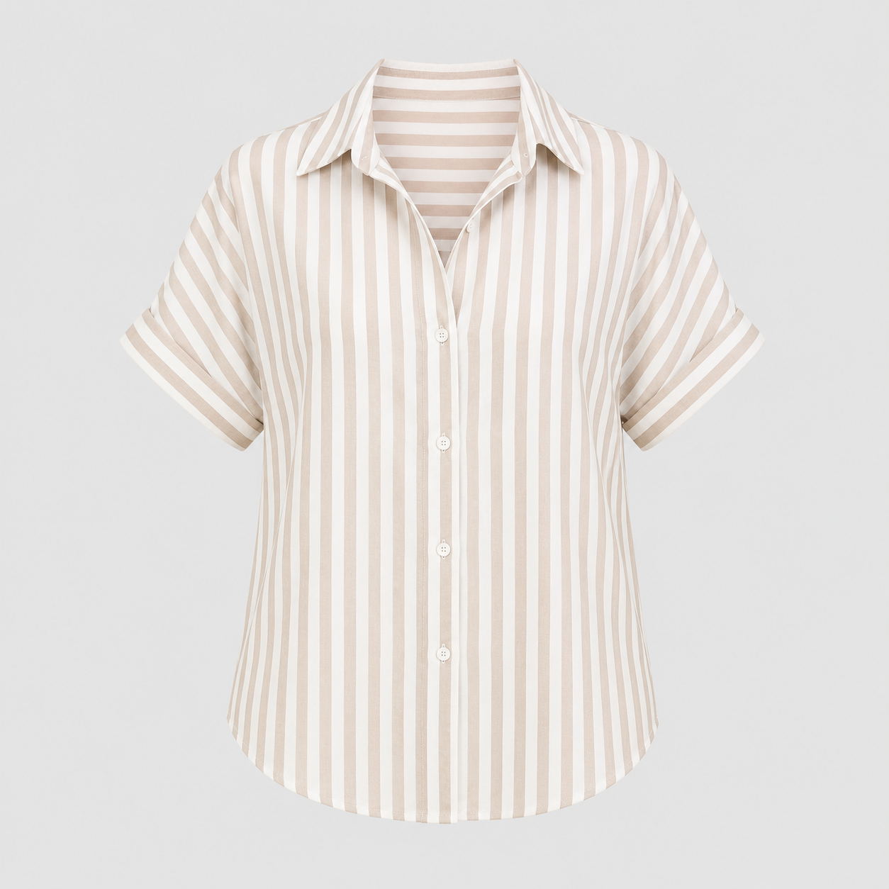 Striped button-up blouse with collared V-neck, short dolman sleeves, and relaxed fit