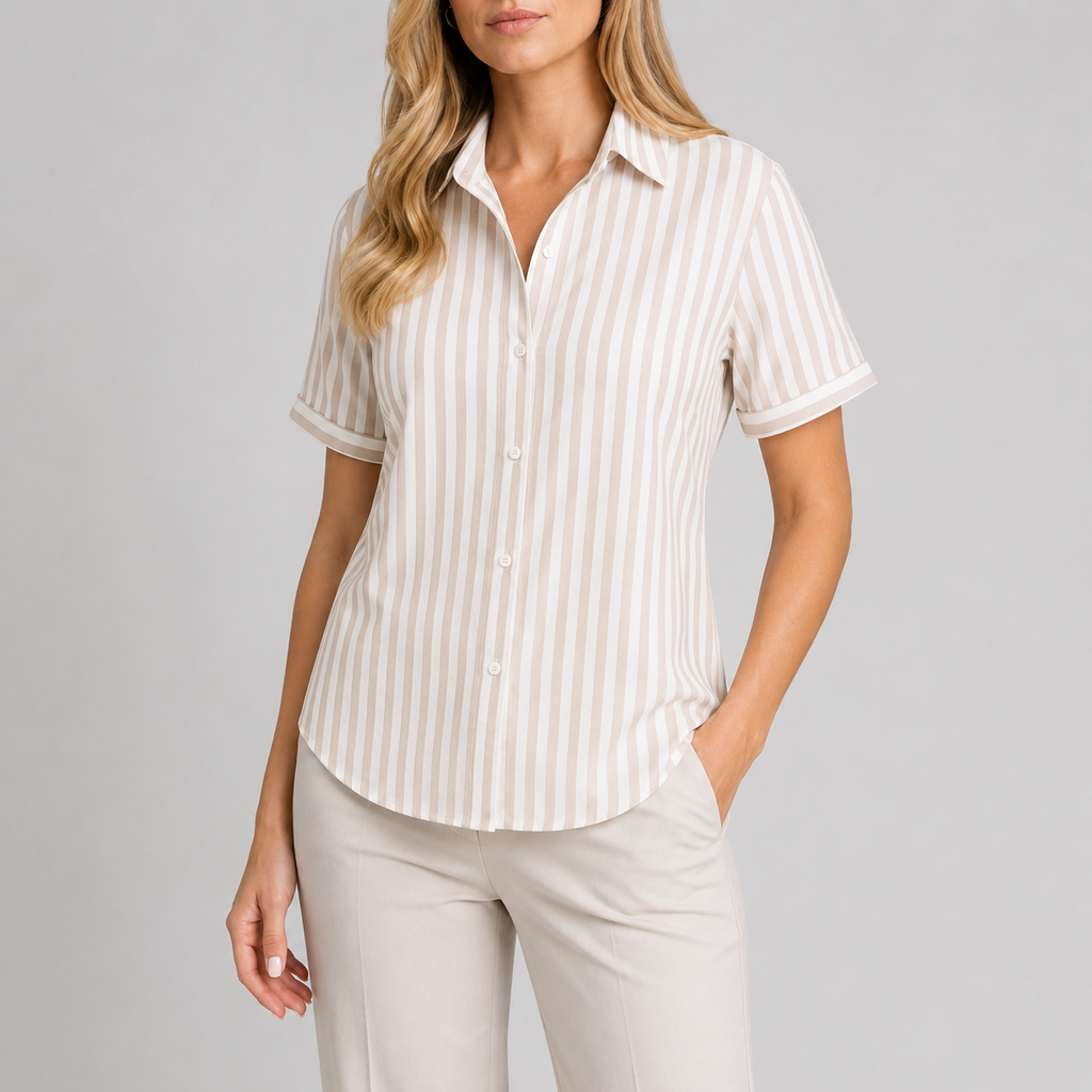 Striped button-up blouse with collared V-neck, short dolman sleeves, and relaxed fit