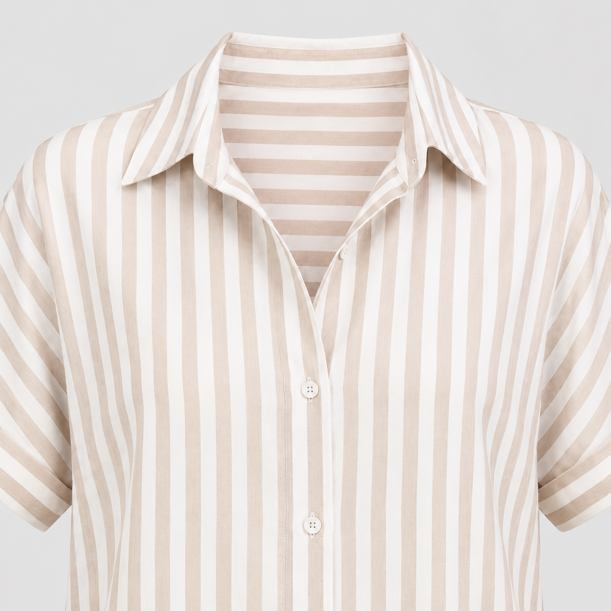 Striped button-up blouse with collared V-neck, short dolman sleeves, and relaxed fit