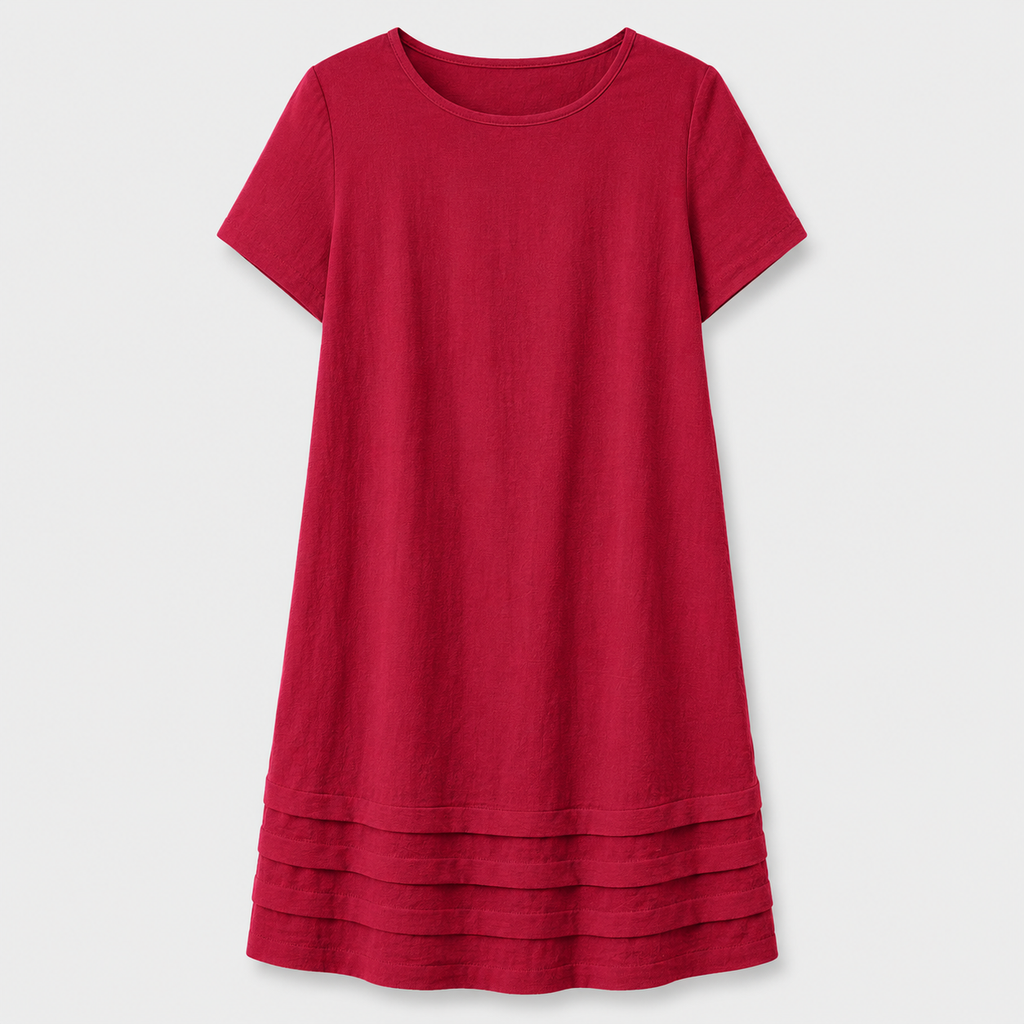Red short sleeve shift dress with layered hem detail