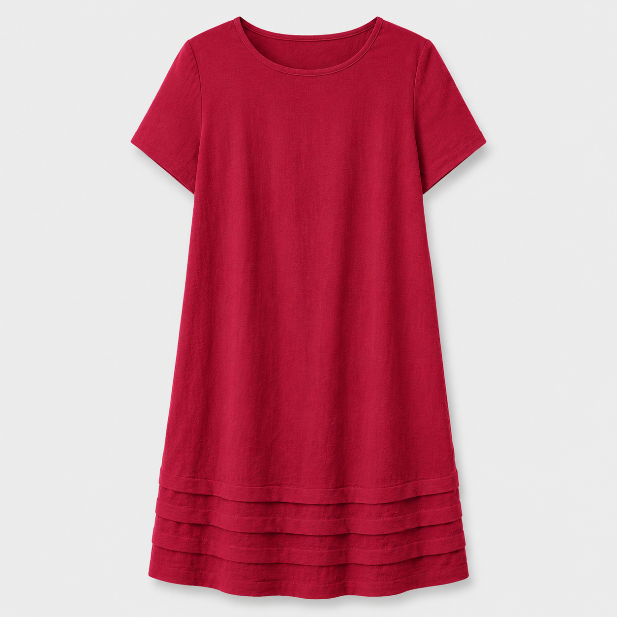 Red short sleeve shift dress with layered hem detail