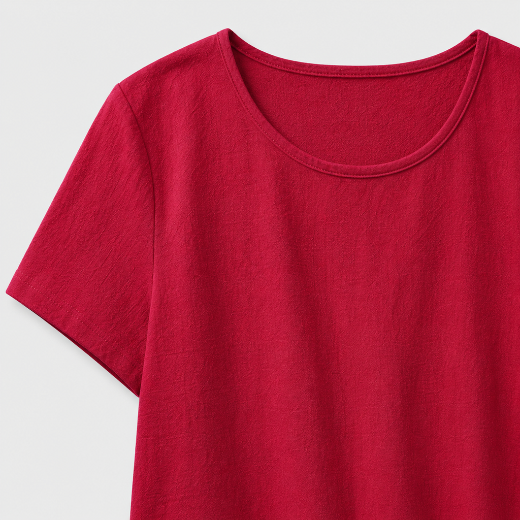 Red short sleeve shift dress with layered hem detail