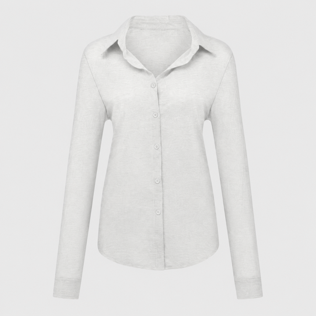 Long sleeve button-up shirt with collared neckline, tailored fit, and curved hem