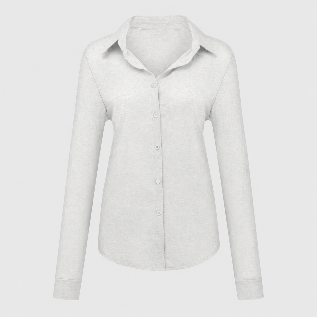 Long sleeve button-up shirt with collared neckline, tailored fit, and curved hem