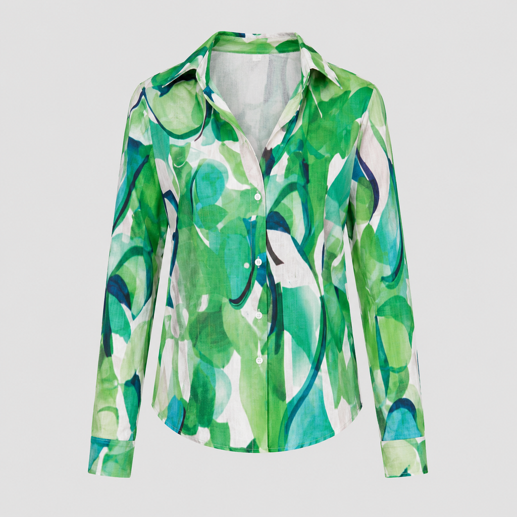 Abstract print blouse with split V-neck, button-front detail, and long sleeves in a relaxed silhouette