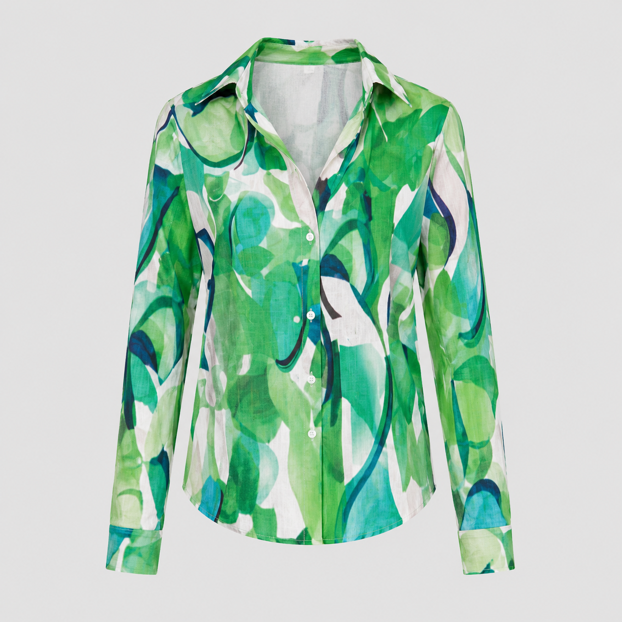 Abstract print blouse with split V-neck, button-front detail, and long sleeves in a relaxed silhouette