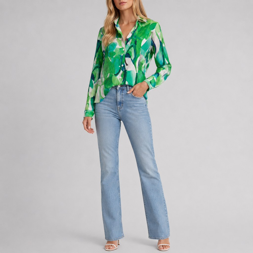 Abstract print blouse with split V-neck, button-front detail, and long sleeves in a relaxed silhouette