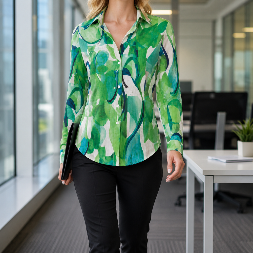 Abstract print blouse with split V-neck, button-front detail, and long sleeves in a relaxed silhouette