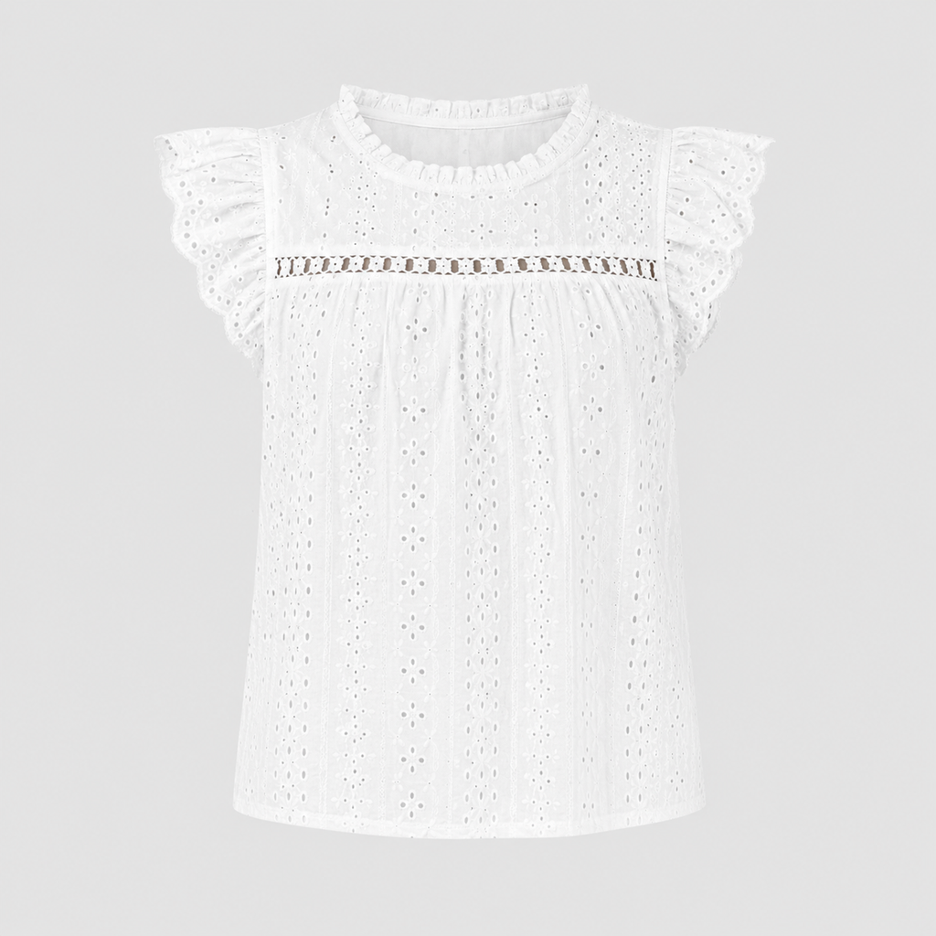 Eyelet blouse with round neckline, lace inset detail, and flutter cap sleeves