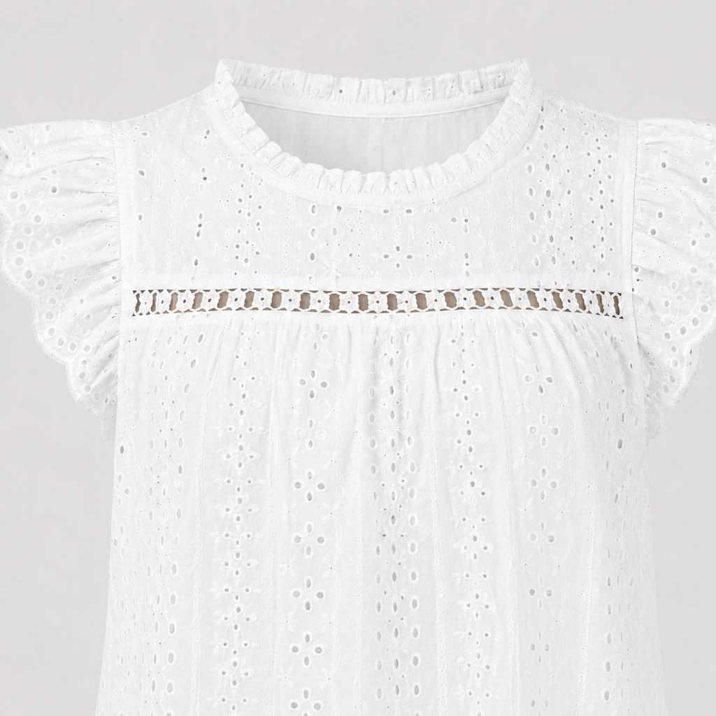 Eyelet blouse with round neckline, lace inset detail, and flutter cap sleeves