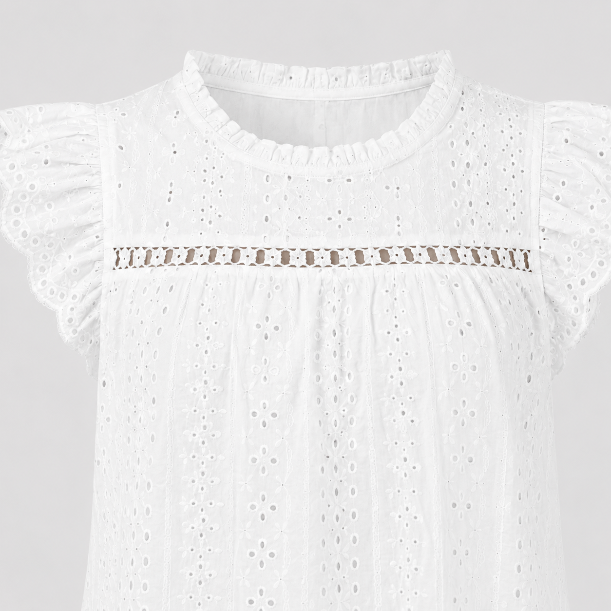 Eyelet blouse with round neckline, lace inset detail, and flutter cap sleeves