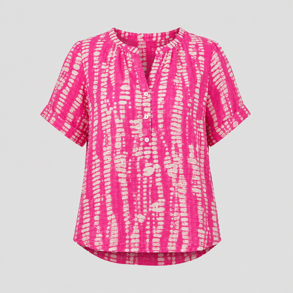 Abstract print blouse with split V-neck, short rolled sleeves, and relaxed silhouette