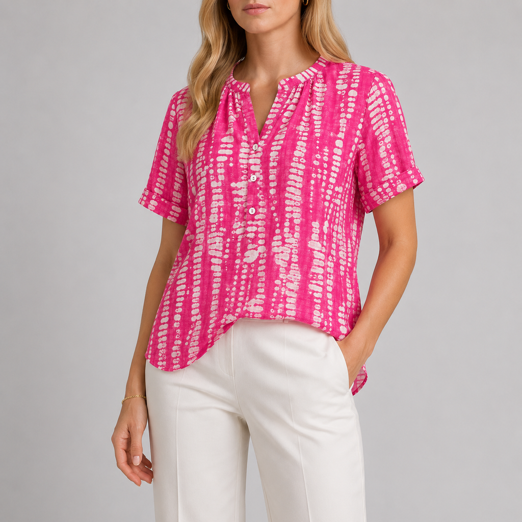 Abstract print blouse with split V-neck, short rolled sleeves, and relaxed silhouette