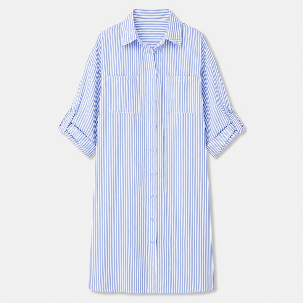Blue and white striped shirt dress with rolled-up sleeves