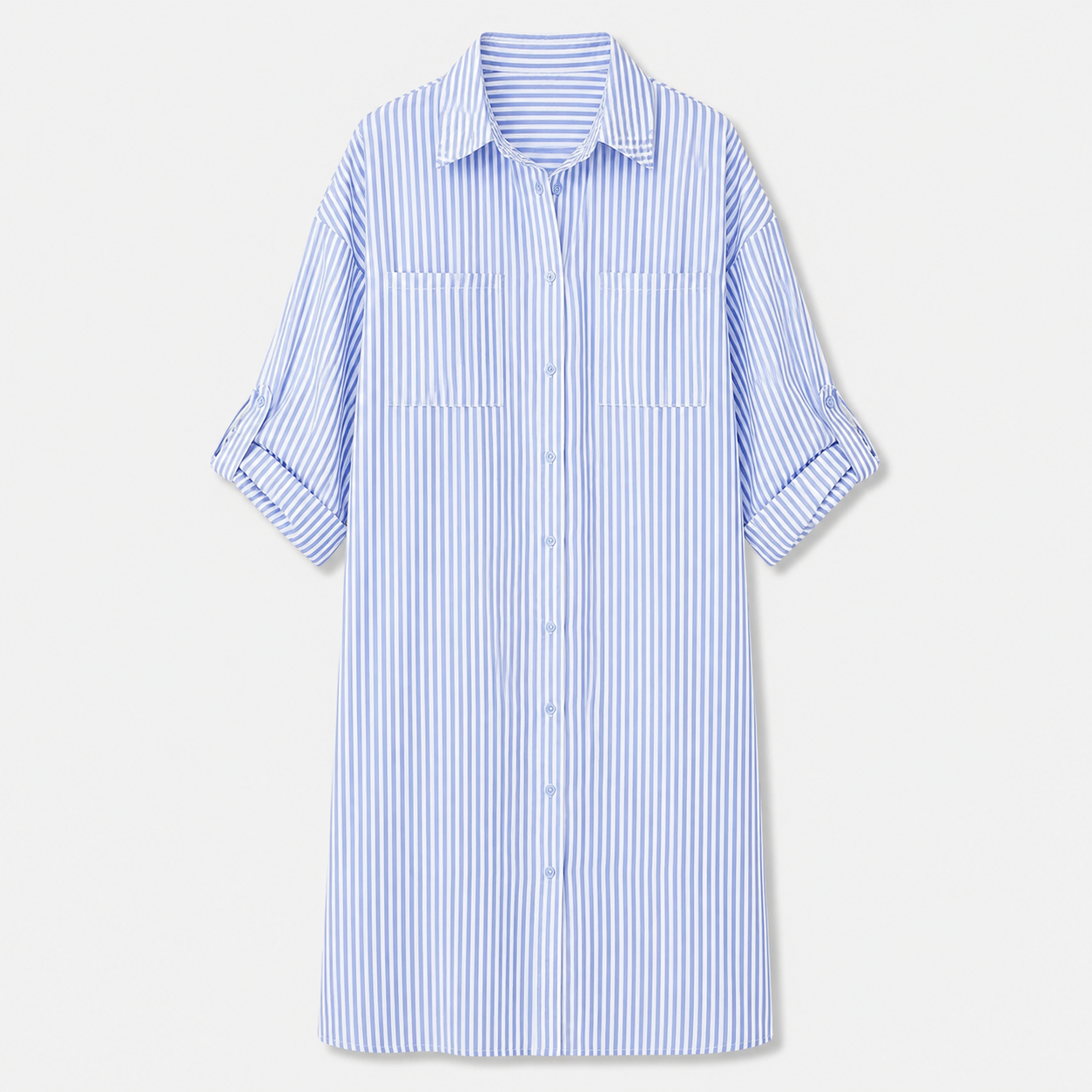 Blue and white striped shirt dress with rolled-up sleeves