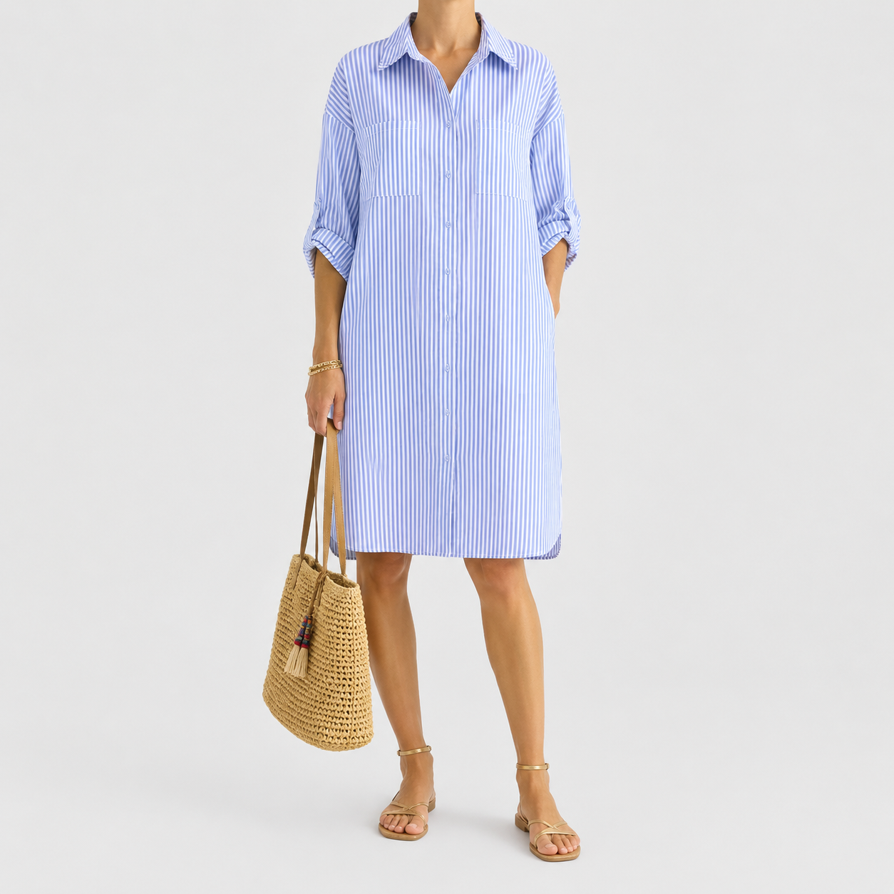 Blue and white striped shirt dress with rolled-up sleeves