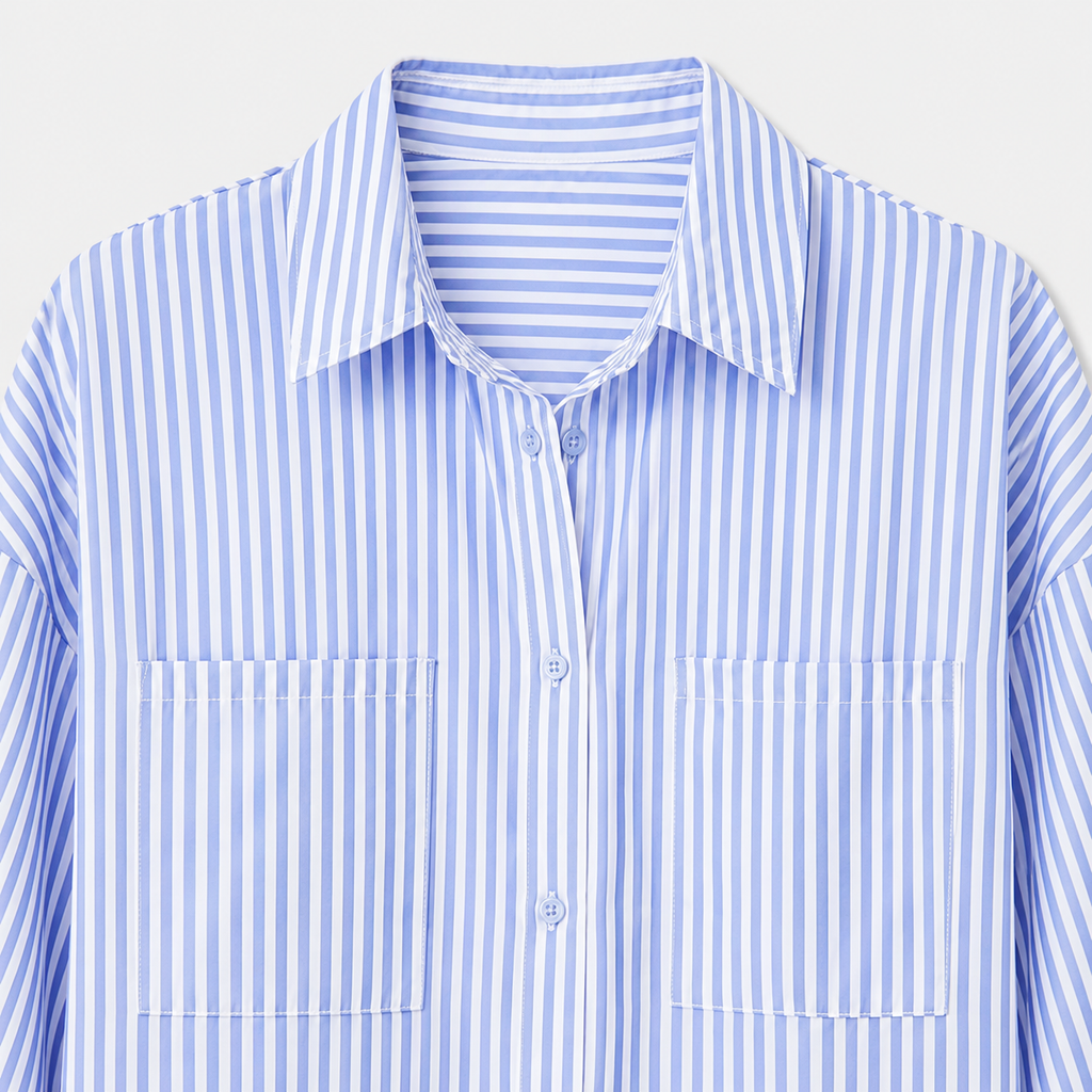 Blue and white striped shirt dress with rolled-up sleeves
