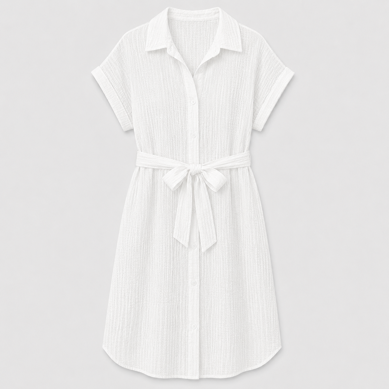 White textured shirt dress with short sleeves and tie waist