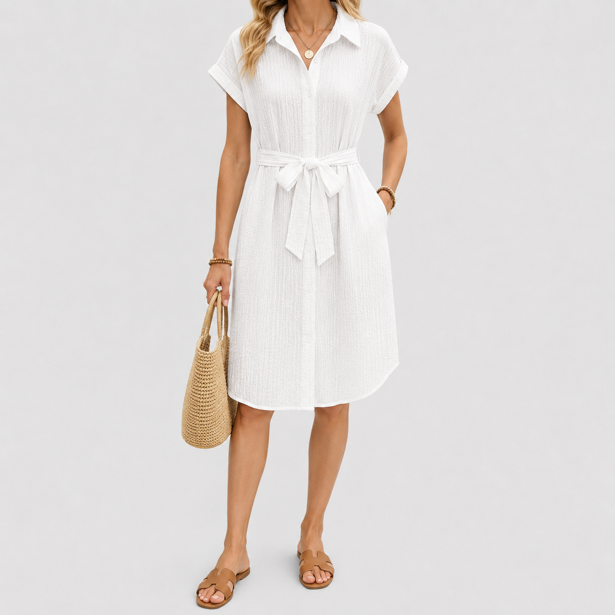 White textured shirt dress with short sleeves and tie waist
