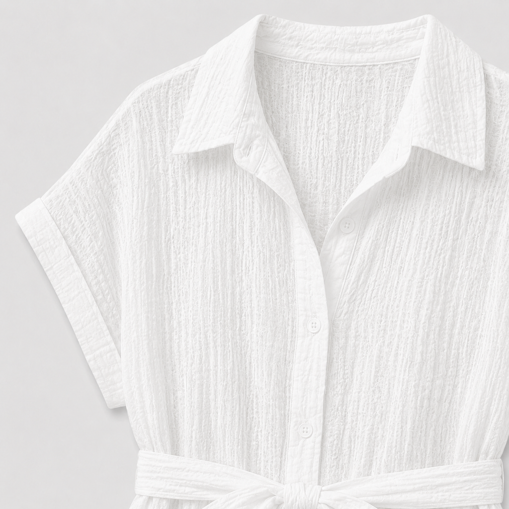 White textured shirt dress with short sleeves and tie waist