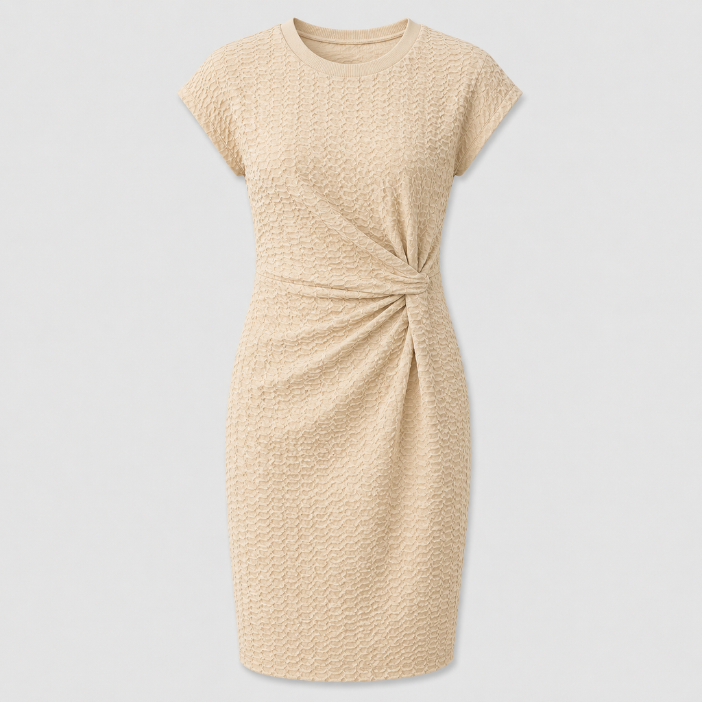 Beige textured bodycon dress with gathered waist detail